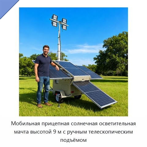 Мобильная прицепная солнечная осветительная мачта высотой 9 м с ручным телескопическим подъёмом
