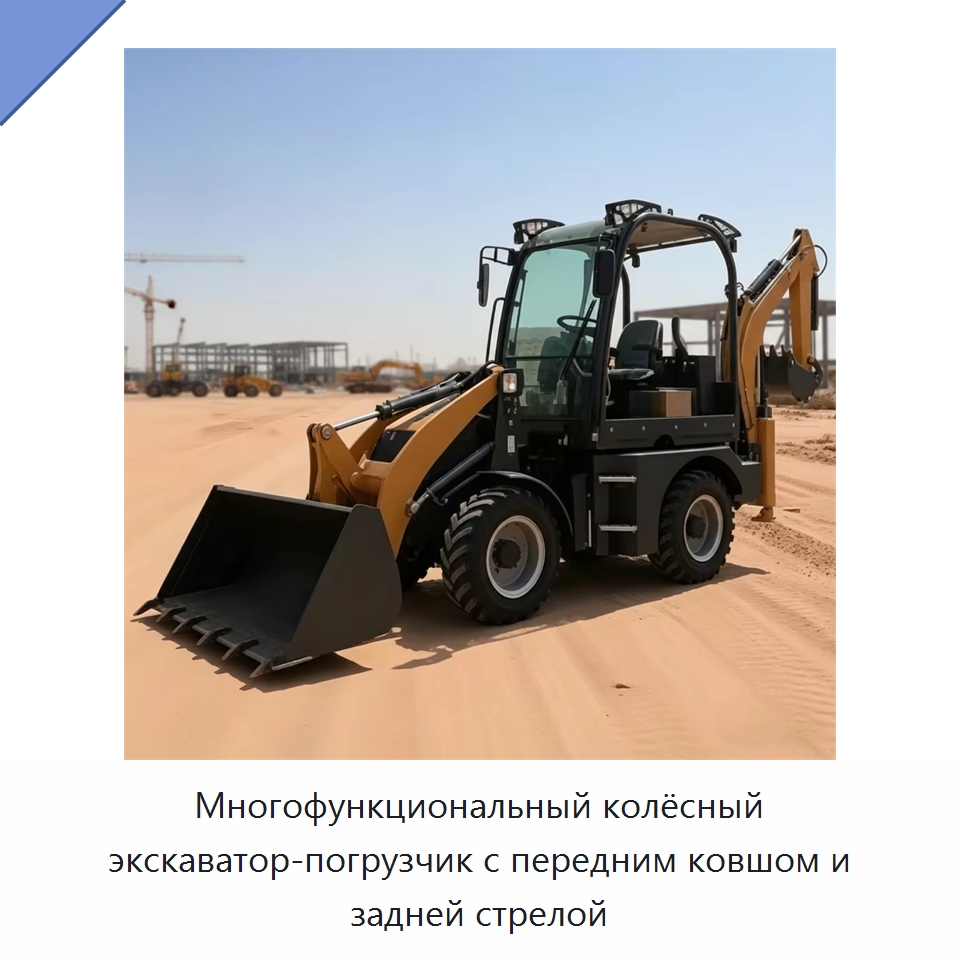 Многофункциональный колёсный экскаватор-погрузчик с передним ковшом и задней стрелой — Землеройная техника