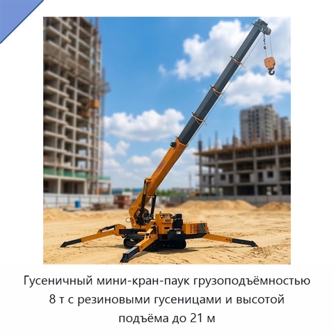 Гусеничный мини-кран-паук грузоподъёмностью 8 т с резиновыми гусеницами и высотой подъёма до 21 м