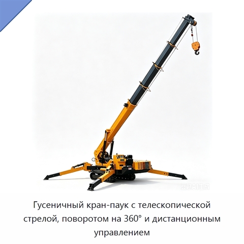 Гусеничный кран-паук с телескопической стрелой, поворотом на 360° и дистанционным управлением