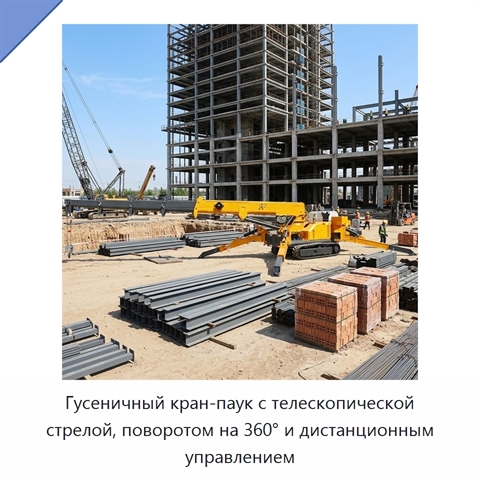 Гусеничный кран-паук с телескопической стрелой, поворотом на 360° и дистанционным управлением
