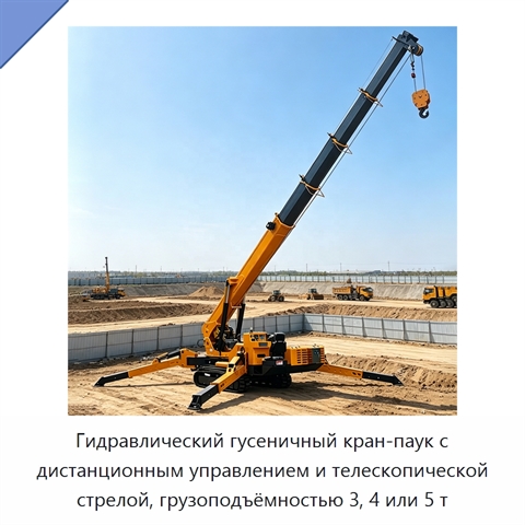 Гидравлический гусеничный кран-паук с дистанционным управлением и телескопической стрелой, грузоподъёмностью 3, 4 или 5 т