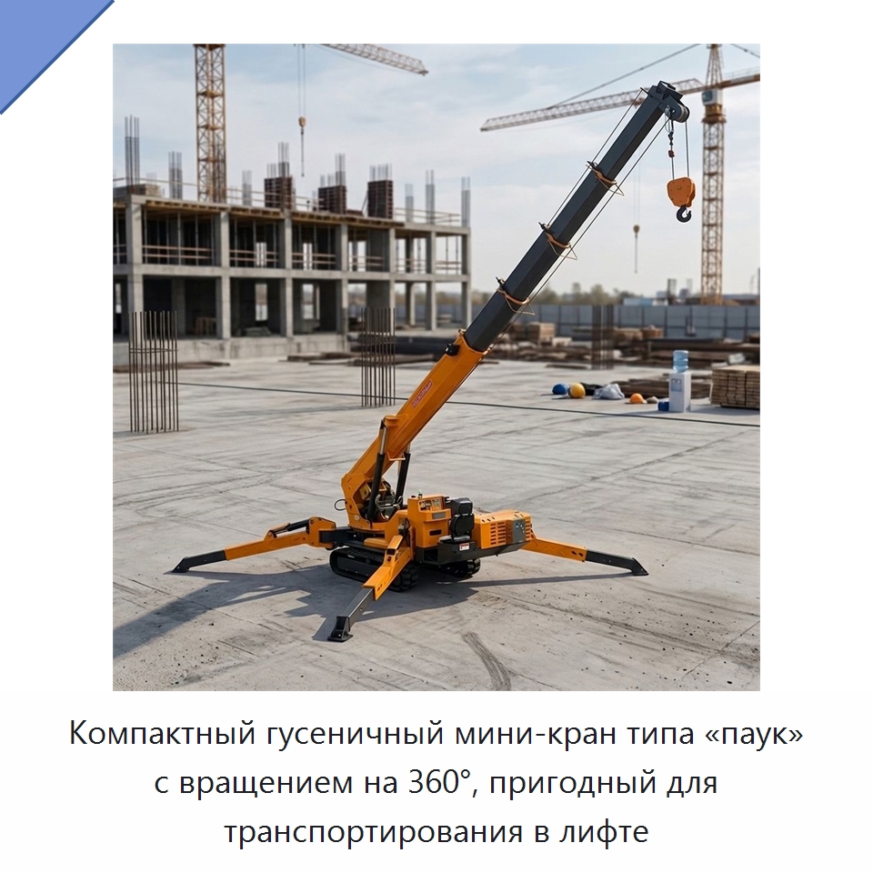 Компактный гусеничный мини-кран типа «паук» с вращением на 360°, пригодный для транспортирования в лифте — Краны