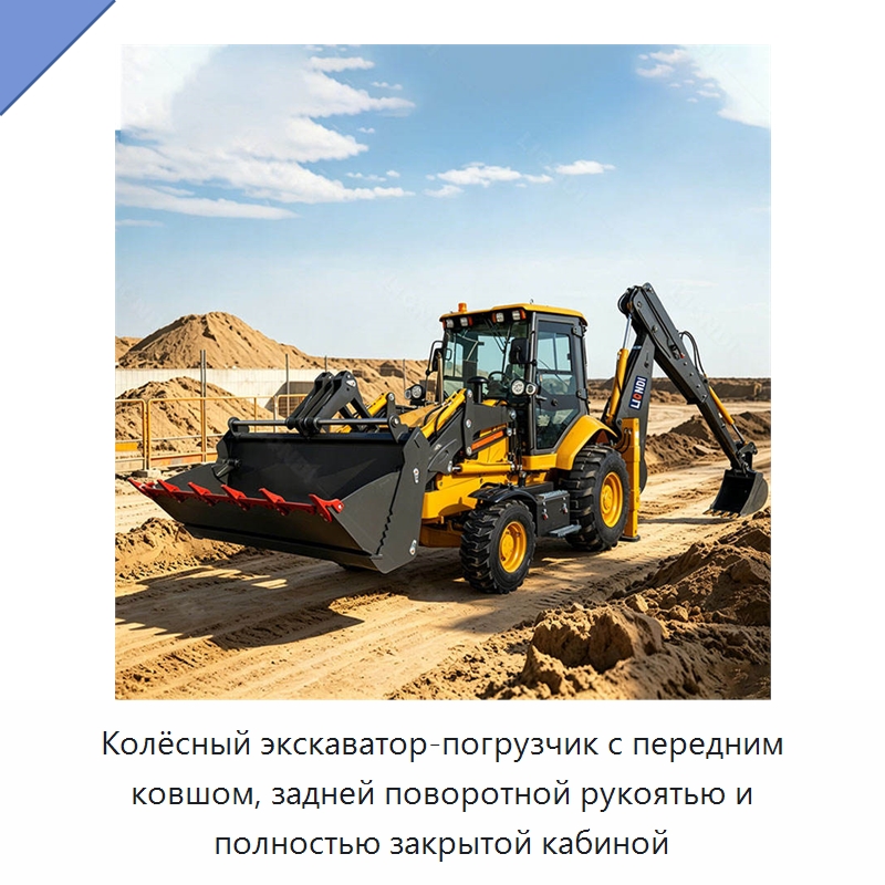 Колёсный экскаватор-погрузчик с передним ковшом, задней поворотной рукоятью и полностью закрытой кабиной — Землеройная техника