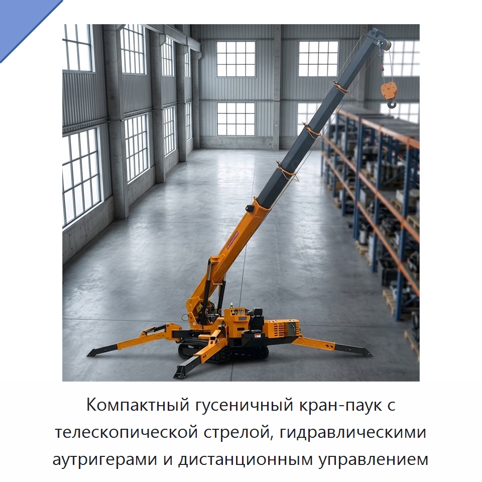 Компактный гусеничный кран-паук с телескопической стрелой, гидравлическими аутригерами и дистанционным управлением — Краны