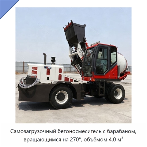Самозагрузочный бетоносмеситель с барабаном, вращающимся на 270°, объёмом 4,0 м³