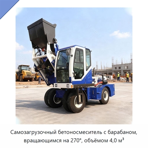 Самозагрузочный бетоносмеситель с барабаном, вращающимся на 270°, объёмом 4,0 м³