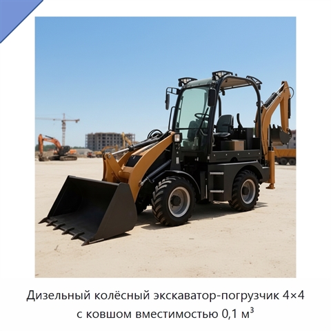 Дизельный колёсный экскаватор-погрузчик 4×4 с ковшом вместимостью 0,1 м³