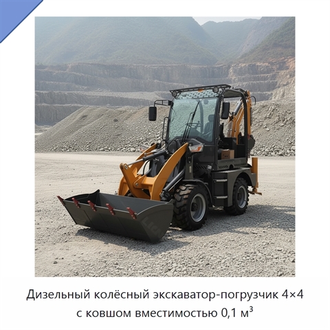 Дизельный колёсный экскаватор-погрузчик 4×4 с ковшом вместимостью 0,1 м³