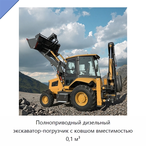 Полноприводный дизельный экскаватор-погрузчик с ковшом вместимостью 0,1 м³