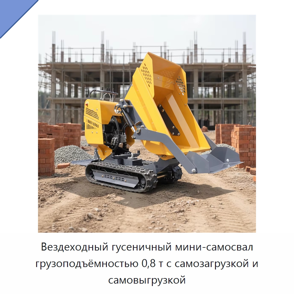 Вездеходный гусеничный мини-самосвал грузоподъёмностью 0,8 т с самозагрузкой и самовыгрузкой — Землеройная техника