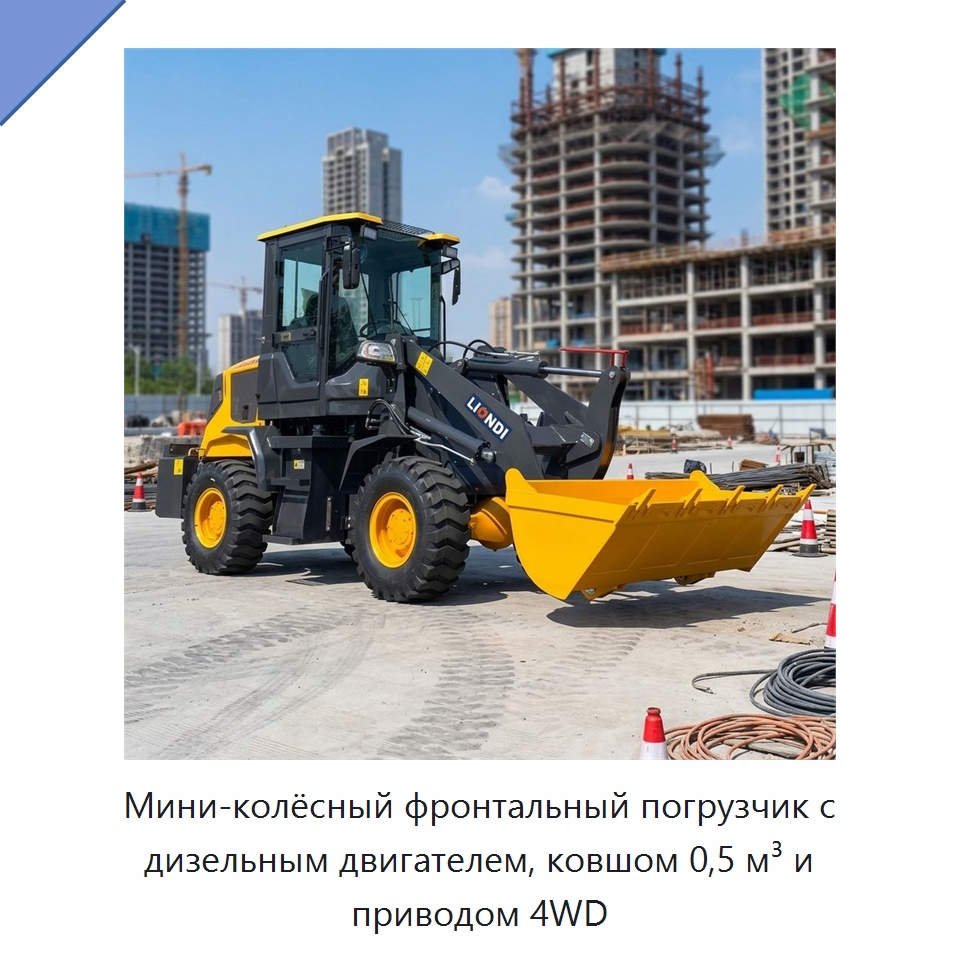 Мини-колёсный фронтальный погрузчик с дизельным двигателем, ковшом 0,5 м³ и приводом 4WD — Землеройная техника