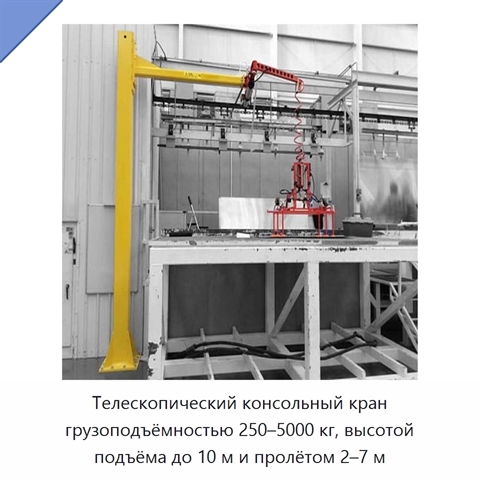 Телескопический консольный кран грузоподъёмностью 250–5000 кг, высотой подъёма до 10 м и пролётом 2–7 м