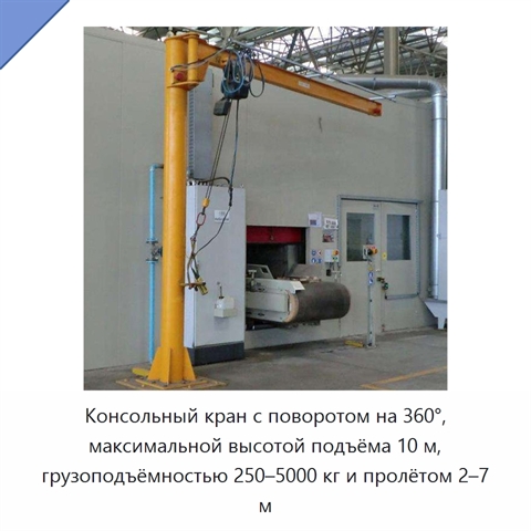 Консольный кран с поворотом на 360°, максимальной высотой подъёма 10 м, грузоподъёмностью 250–5000 кг и пролётом 2–7 м