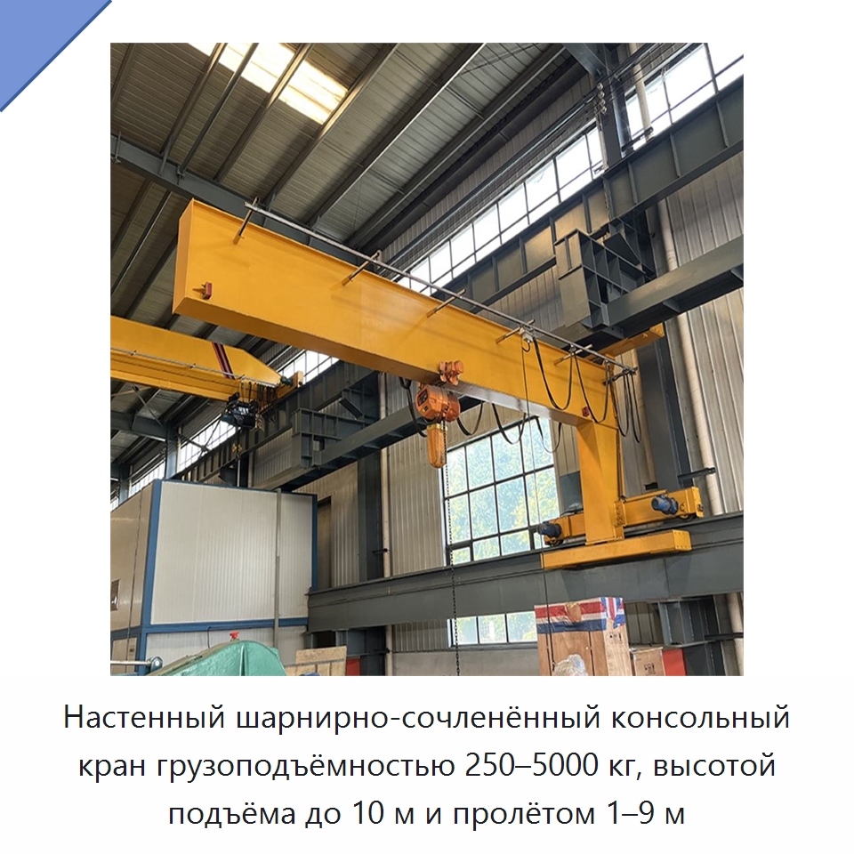 Настенный шарнирно-сочленённый консольный кран грузоподъёмностью 250–5000 кг, высотой подъёма до 10 м и пролётом 1–9 м — Краны