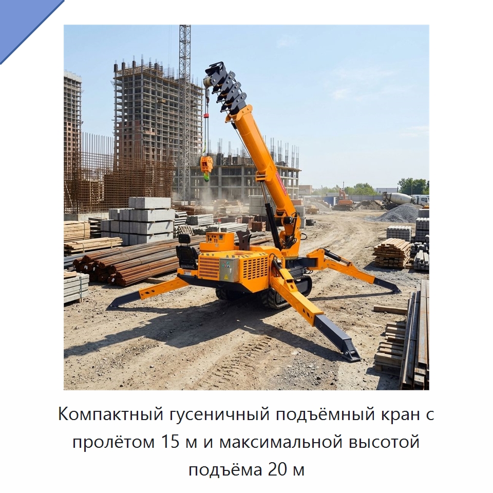 Компактный гусеничный подъёмный кран с пролётом 15 м и максимальной высотой подъёма 20 м — Краны