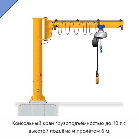 Консольный кран грузоподъёмностью до 10 т с высотой подъёма и пролётом 6 м