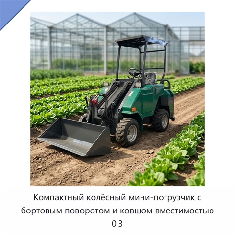 Компактный колёсный мини-погрузчик с бортовым поворотом и ковшом вместимостью 0,3