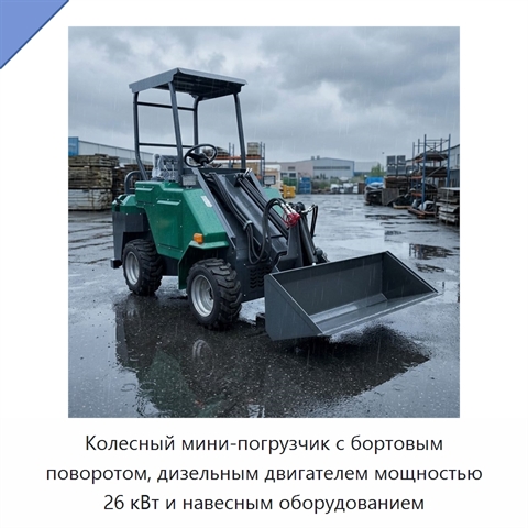 Колесный мини-погрузчик с бортовым поворотом, дизельным двигателем мощностью 26 кВт и навесным оборудованием