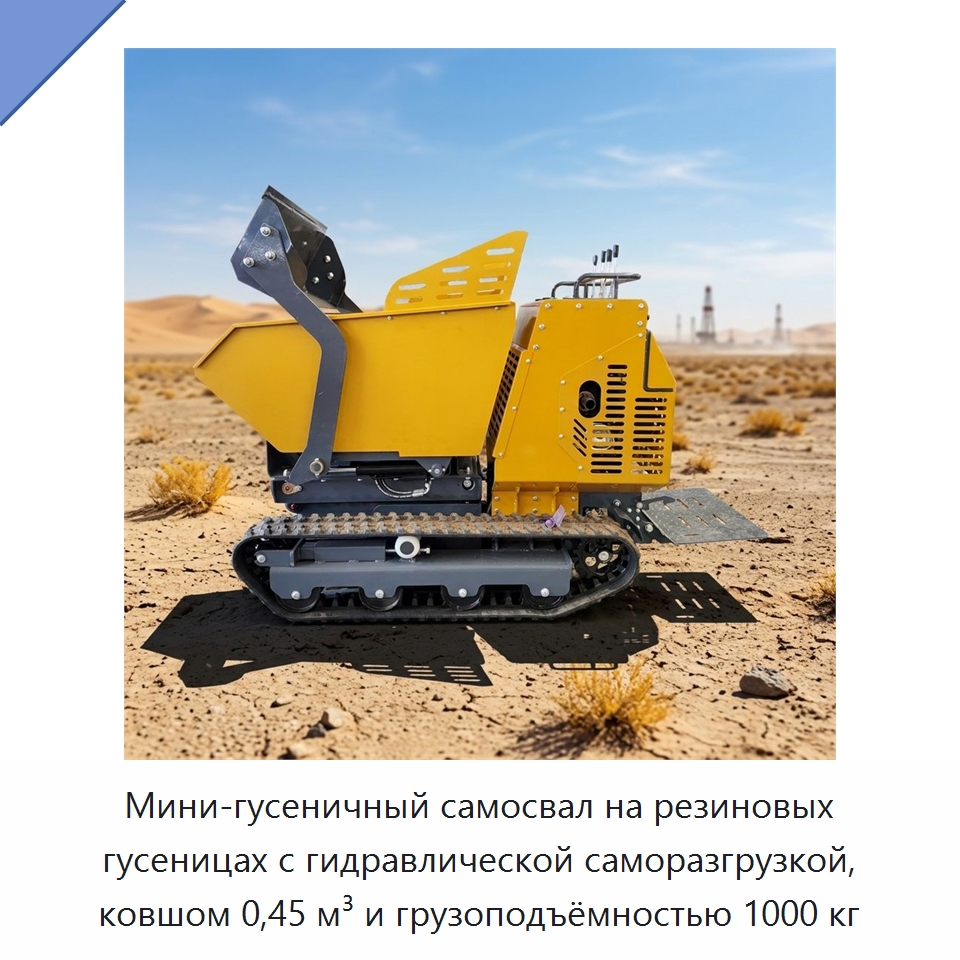 Мини-гусеничный самосвал на резиновых гусеницах с гидравлической саморазгрузкой, ковшом 0,45 м³ и грузоподъёмностью 1000 кг — Землеройная техника