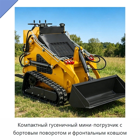 Компактный гусеничный мини-погрузчик с бортовым поворотом и фронтальным ковшом