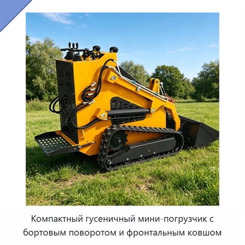 Компактный гусеничный мини-погрузчик с бортовым поворотом и фронтальным ковшом