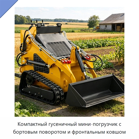 Компактный гусеничный мини-погрузчик с бортовым поворотом и фронтальным ковшом