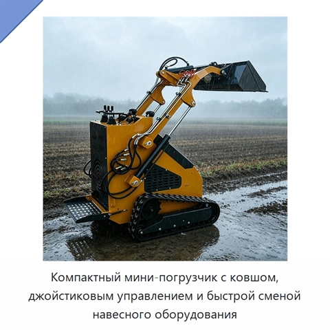 Компактный мини-погрузчик с ковшом, джойстиковым управлением и быстрой сменой навесного оборудования