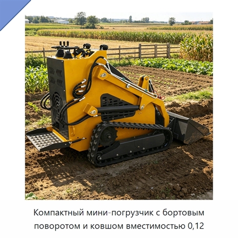 Компактный мини-погрузчик с бортовым поворотом и ковшом вместимостью 0,12