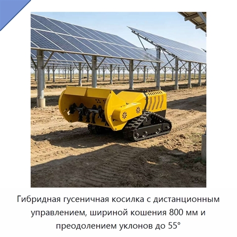 Гибридная гусеничная косилка с дистанционным управлением, шириной кошения 800 мм и преодолением уклонов до 55°