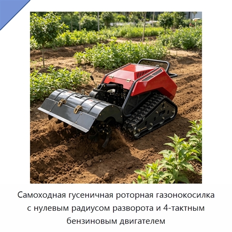 Самоходная гусеничная роторная газонокосилка с нулевым радиусом разворота и 4-тактным бензиновым двигателем