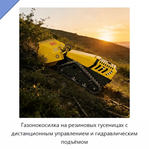 Газонокосилка на резиновых гусеницах с дистанционным управлением и гидравлическим подъёмом