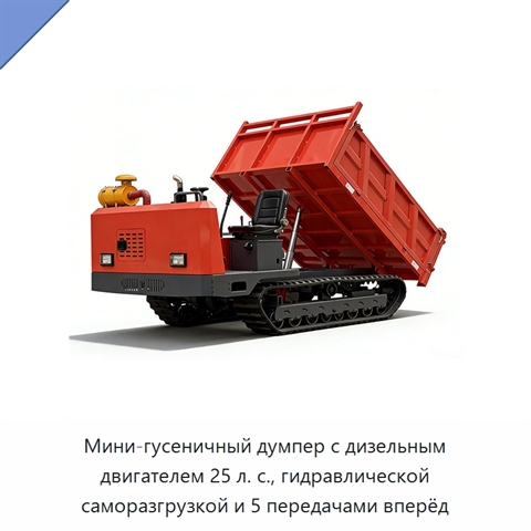 Мини-гусеничный думпер с дизельным двигателем 25 л. с., гидравлической саморазгрузкой и 5 передачами вперёд