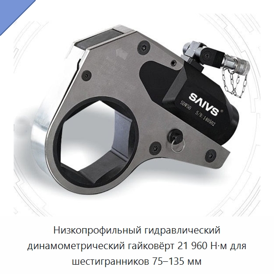 Низкопрофильный гидравлический динамометрический гайковёрт 21 960 Н·м для шестигранников 75–135 мм