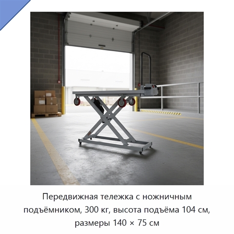 Передвижная тележка с ножничным подъёмником, 300 кг, высота подъёма 104 см, размеры 140 × 75 см