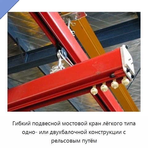 Гибкий подвесной мостовой кран лёгкого типа одно- или двухбалочной конструкции с рельсовым путём