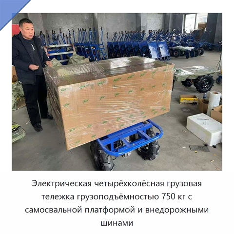 Электрическая четырёхколёсная грузовая тележка грузоподъёмностью 750 кг с самосвальной платформой и внедорожными шинами