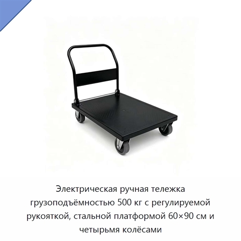 Электрическая ручная тележка грузоподъёмностью 500 кг с регулируемой рукояткой, стальной платформой 60×90 см и четырьмя колёсами