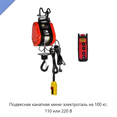 Подвесная канатная мини-электроталь на 100 кг, 110 или 220 В