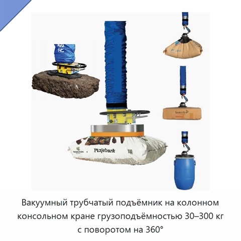 Вакуумный трубчатый подъёмник на колонном консольном кране грузоподъёмностью 30–300 кг с поворотом на 360°
