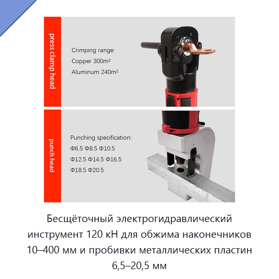Бесщёточный электрогидравлический инструмент 120 кН для обжима наконечников 10–400 мм и пробивки металлических пластин 6,5–20,5 мм — Прочие гидравлические инструменты