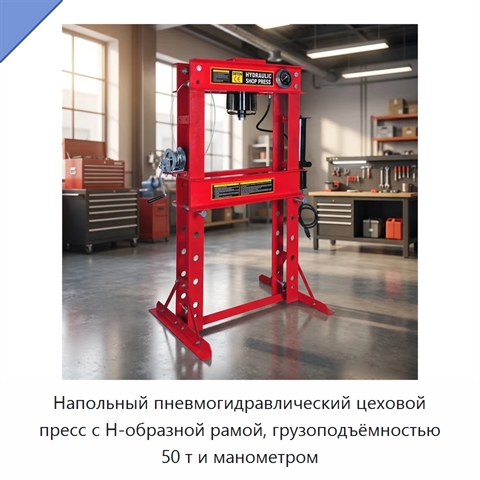 Напольный пневмогидравлический цеховой пресс с H-образной рамой, грузоподъёмностью 50 т и манометром