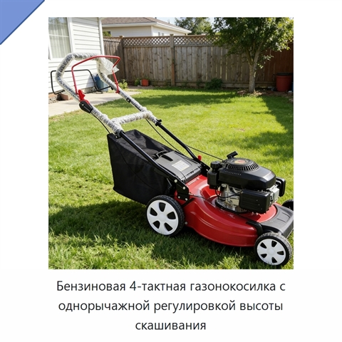 Бензиновая 4-тактная газонокосилка с однорычажной регулировкой высоты скашивания