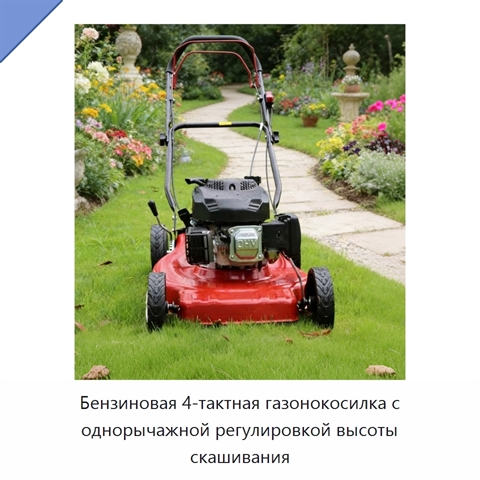 Бензиновая 4-тактная газонокосилка с однорычажной регулировкой высоты скашивания