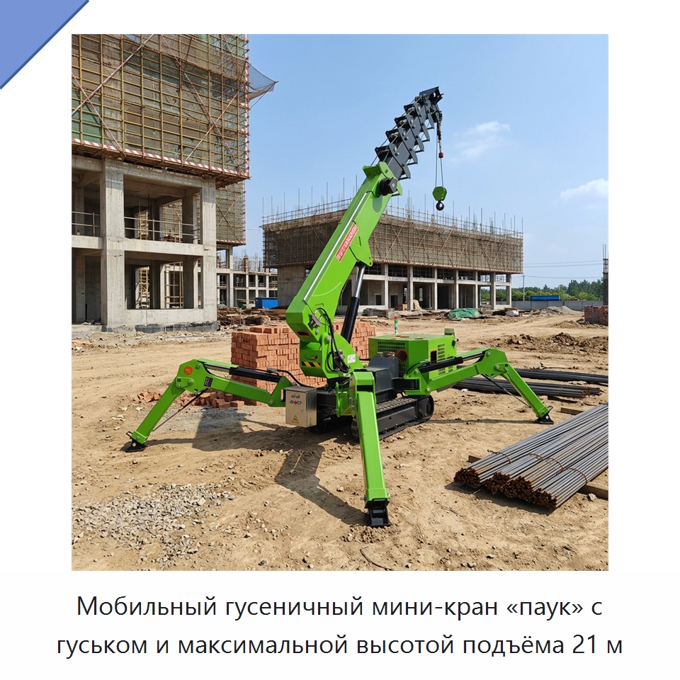 Мобильный гусеничный мини-кран «паук» с гуськом и максимальной высотой подъёма 21 м — Краны