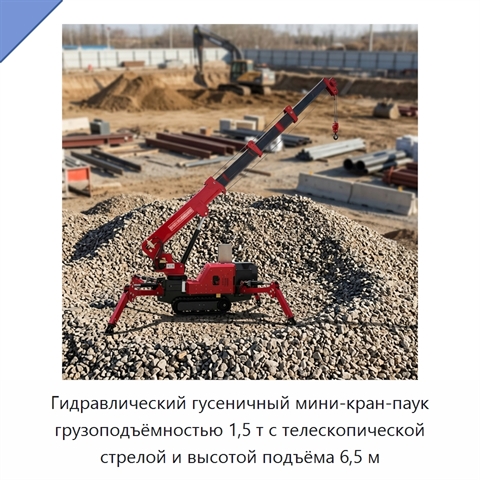 Гидравлический гусеничный мини-кран-паук грузоподъёмностью 1,5 т с телескопической стрелой и высотой подъёма 6,5 м
