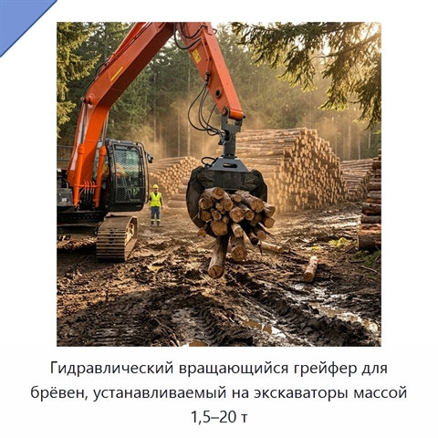 Гидравлический вращающийся грейфер для брёвен, устанавливаемый на экскаваторы массой 1,5–20 т