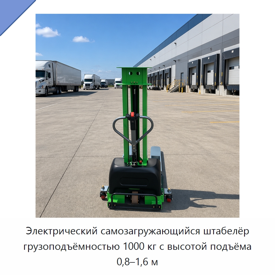 Электрический самозагружающийся штабелёр грузоподъёмностью 1000 кг с высотой подъёма 0,8–1,6 м — Вилочные погрузчики