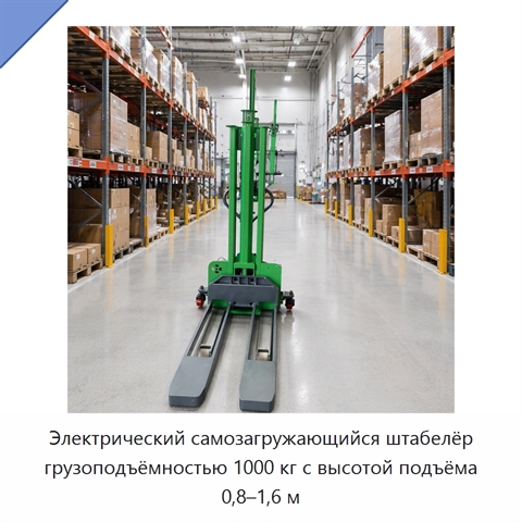 Электрический самозагружающийся штабелёр грузоподъёмностью 1000 кг с высотой подъёма 0,8–1,6 м