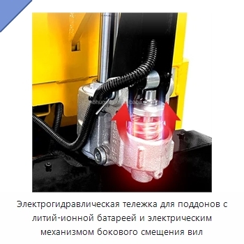 Электрогидравлическая тележка для поддонов с литий-ионной батареей и электрическим механизмом бокового смещения вил
